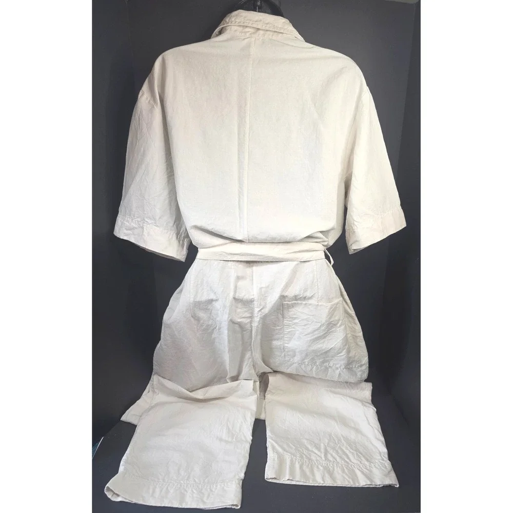 COS‎ Bone Color Linen Short Sleeve Button Front Belted Utility Jumpsuit Size 10
